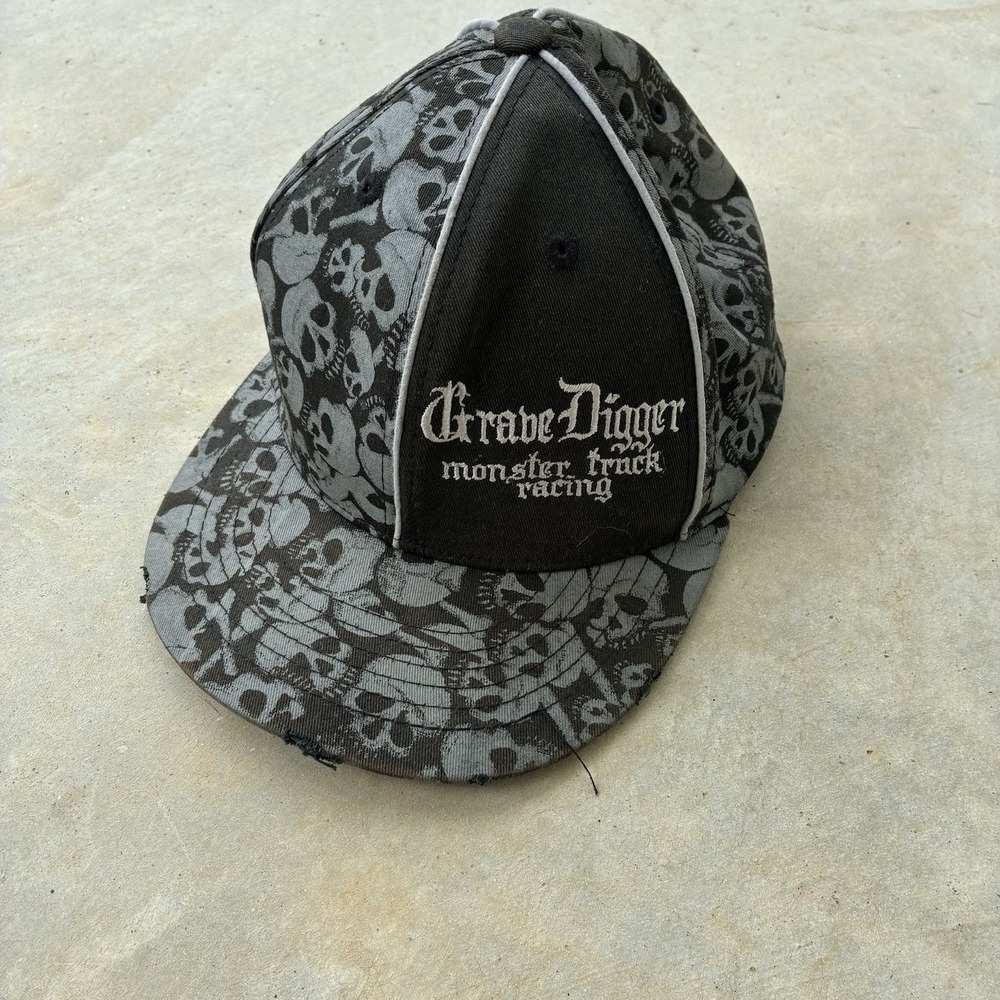 Vintage Grave Digger Hat Cap Skull Monster Jam AOP RARE Black Gray Y2K